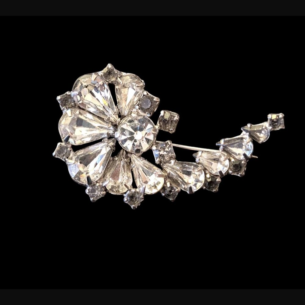 Vintage Volupte Crystal Rhinestone Geometric 1.9" Long Mid Century Brooch Pin